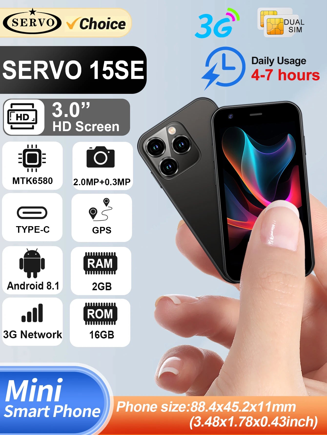 SERVO Mini Smartphone 3.0" Display 2GB+16GB 3G WCDMA Facial Recognition WiFi GPS Play Store Android Smart Phone Dual SIM Standby