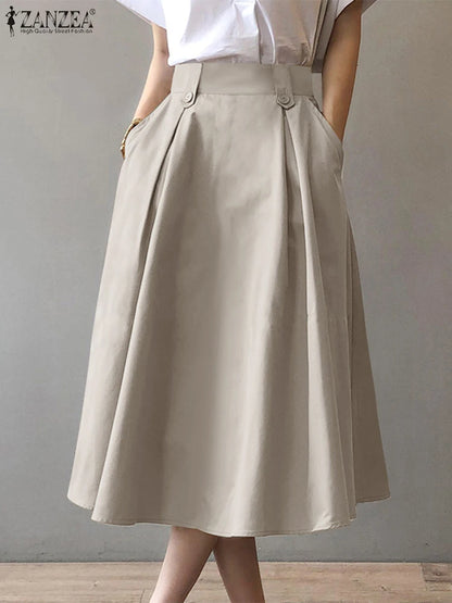 Women Elegant Office Work Skirts ZANZEA Autumn Summer High Waist Faldas Saia Jupe Casual Solid Midi Skirt Fashion Party Sundress