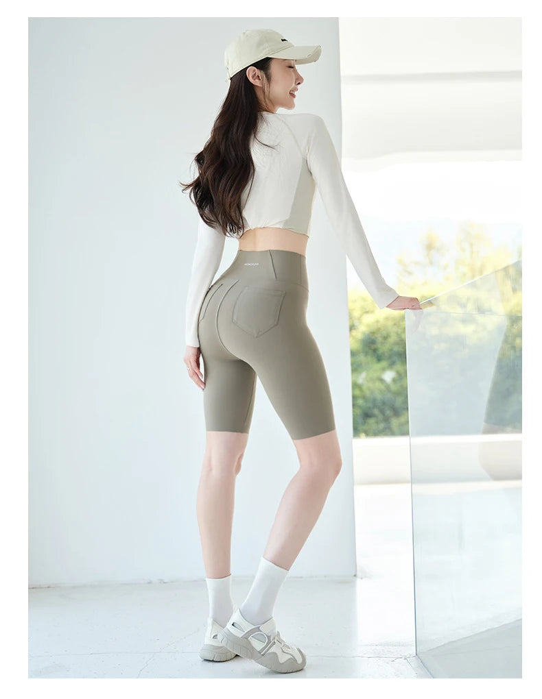 BIVIGAOS Summer New Back Pocket Sharkskin Cycling Shorts Women Cool Knee Length Short Leggings Casual Elastic Sport Biker Shorts