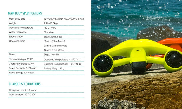 Electric Sea Scooter Portable 30 Meters Depth Underwater 35mins Running Time -10℃-40℃ Available Underwater Scooter 3.5kg