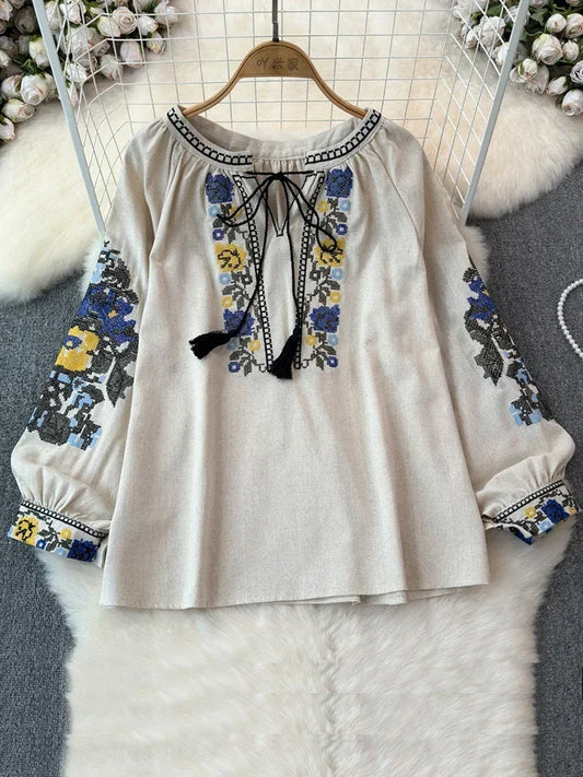 2026 Spring Retro Embroidered Shirt Top Female Lace Up Tassel Loose Lantern Sleeves Ethnic Style Blouse Female A70