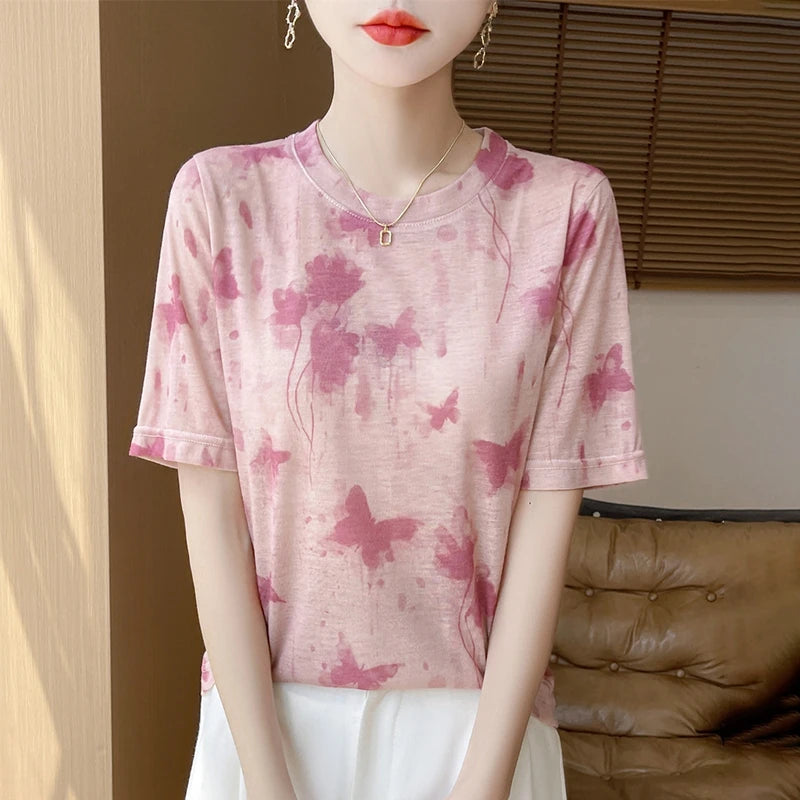 Spring And Summer New Lyocell Short Sleeve Sweater Loose Thin Half Sleeve T-shirt Printed Top
