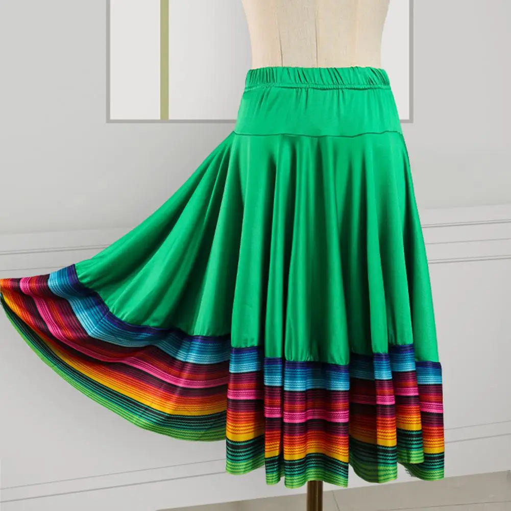 Midi Skirt Ladies Folk Dance Skirt Elastic High Waist Spanish Swing Skirt Rainbow Large Swing Hem Mexican Flamenco Dance Skirts