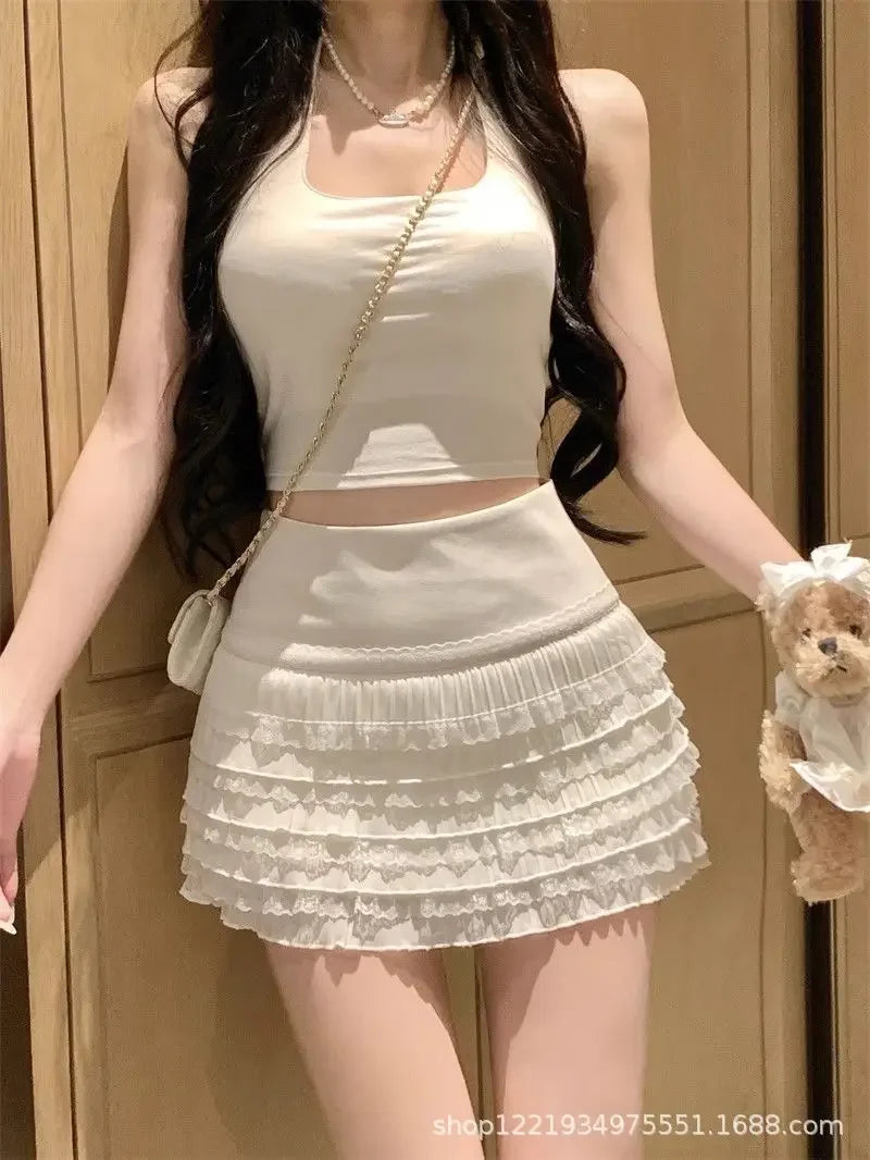 Sweet And Spicy Korean Style High Waist Pleated Mini Skirt Women's Summer New Fashion Lace Wrap around Short Skirt
