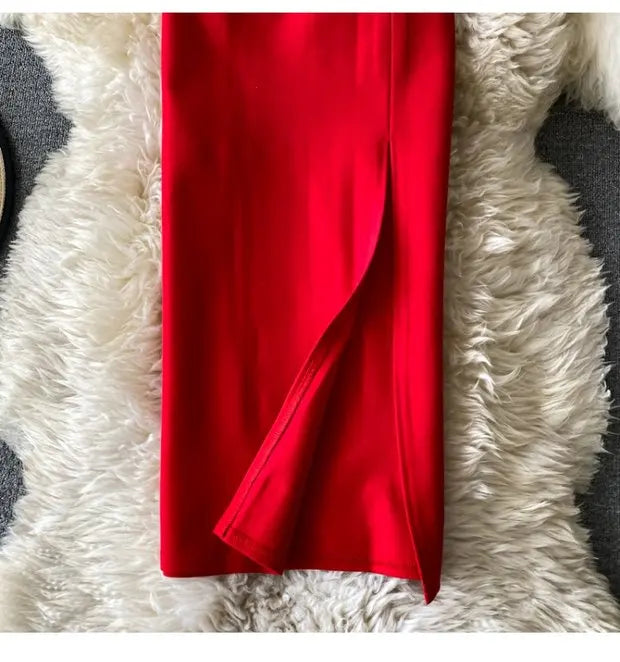 Faion High Waist  Color Midi Skirt Slimming Elastic Slit One Step OL Busin Bodycon Skirt Young Women Commute Sle