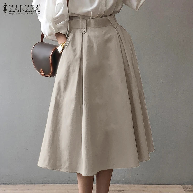 Women Elegant Office Work Skirts ZANZEA Autumn Summer High Waist Faldas Saia Jupe Casual Solid Midi Skirt Fashion Party Sundress