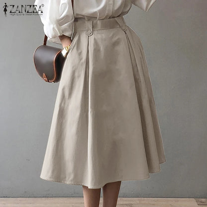 Women Elegant Office Work Skirts ZANZEA Autumn Summer High Waist Faldas Saia Jupe Casual Solid Midi Skirt Fashion Party Sundress