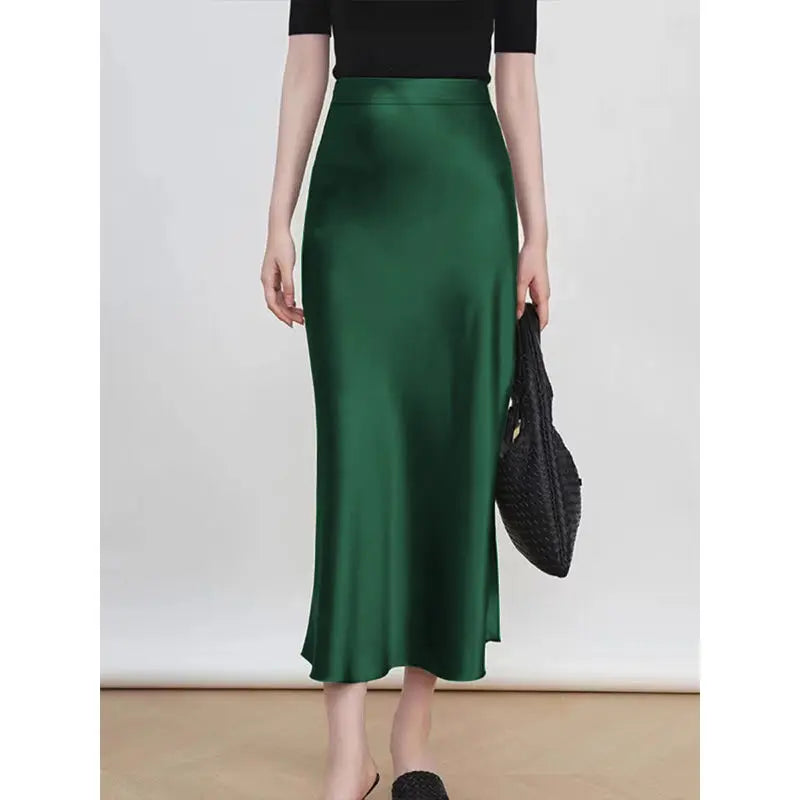 Fashion Oversized Women Clothing Satin Skirts Summer Temperament Solid Color High Waist A-line Skirt Female Simplicity Skirt