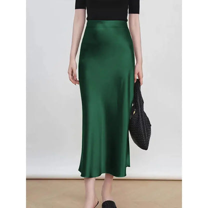 Fashion Oversized Women Clothing Satin Skirts Summer Temperament Solid Color High Waist A-line Skirt Female Simplicity Skirt
