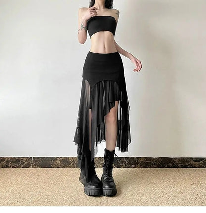 Deeptown Vintage Sexy Slit Skirt Women Y2k Elegant Irregular Sweet Ruffle Skirts Korean Style Tulle Streetwear Layered Skirts