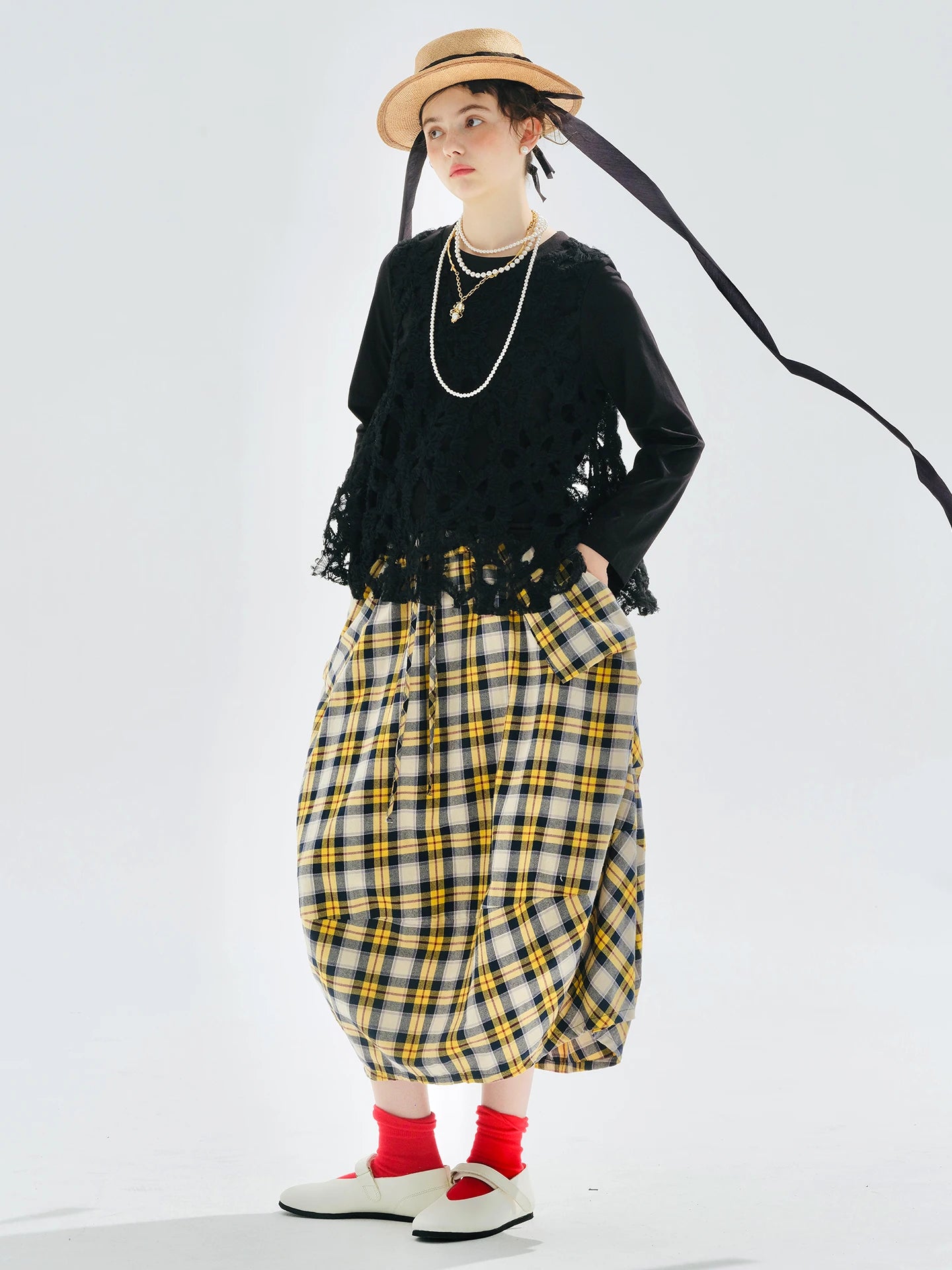 Yellow checkered skirt 2025 imakokoni original autumn Japanese color woven artistic pure cotton lantern skirt for women 255122