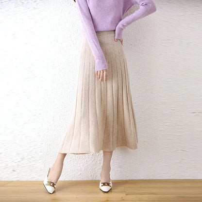 High-end 2022 Autumn/Winter New 100% Pure Wool Women's Thick Warm Elegant Pleated Skirt Fashion A Line Knitted Skirt 4 Colors