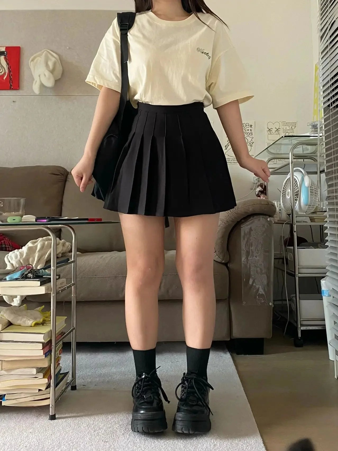 High-Waisted Slimming Pleated Mini Dress Plus Size Black Hip Covering A- Line Skirt Female Academic Style