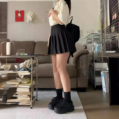 High-Waisted Slimming Pleated Mini Dress Plus Size Black Hip Covering A- Line Skirt Female Academic Style