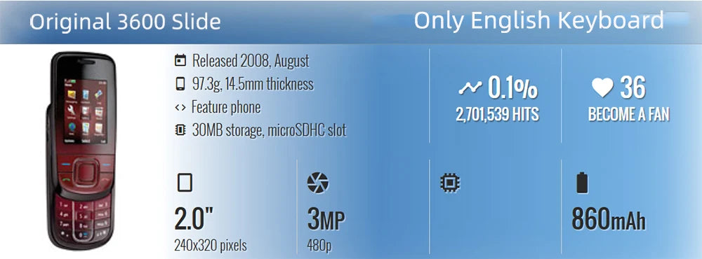 Original 3600s 3600 Slide Unlocked Mobile Cell Phone 2G GSM 850/900/1800/1900 Only English Keyboard Cellphone.