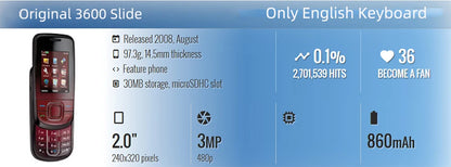 Original 3600s 3600 Slide Unlocked Mobile Cell Phone 2G GSM 850/900/1800/1900 Only English Keyboard Cellphone.