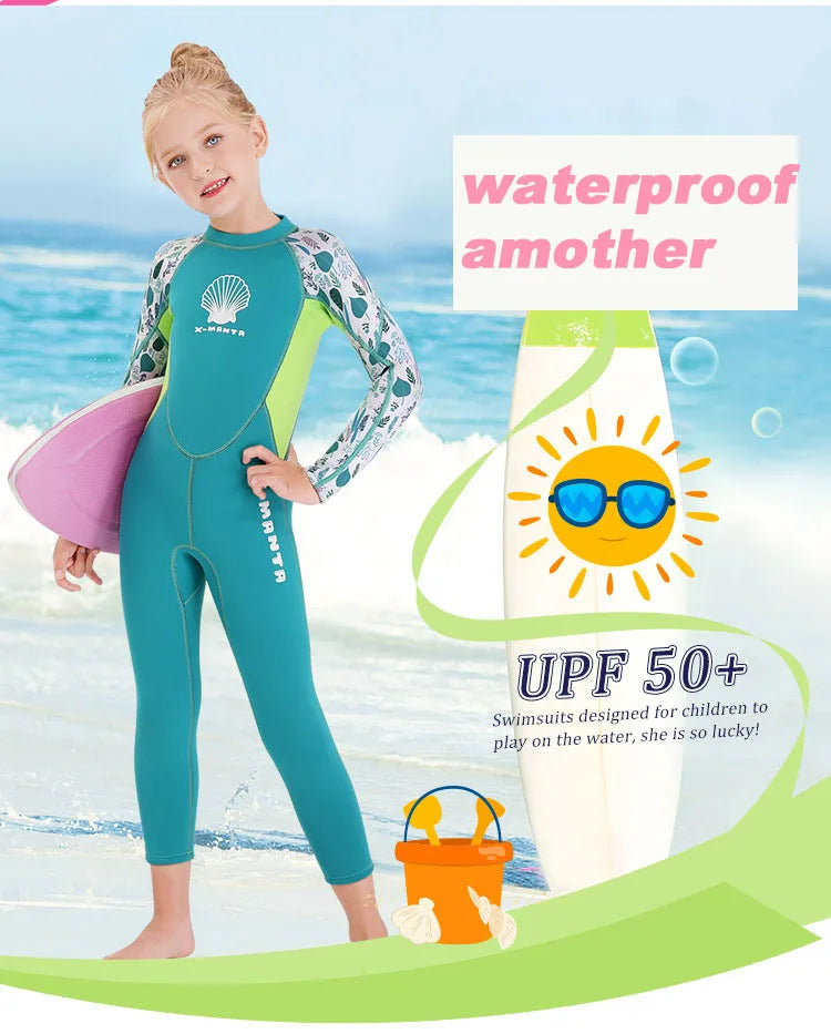 Children Wetsuit 2.5MM Neoprene Diving Suit For Girls Boys One-Piece Swimsuits Long Sleeve Kids Swimwears Snorkeling Rash Guards