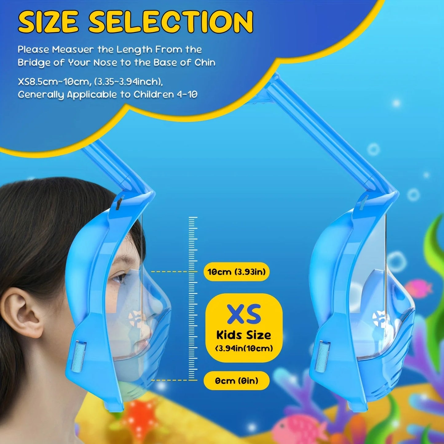 Kids Snorkel Mask Anti-Fog Leak-Proof Soft Silicone Design Easy to Wear Diving Mask Underwater Scuba Full Face 360° Panoramic