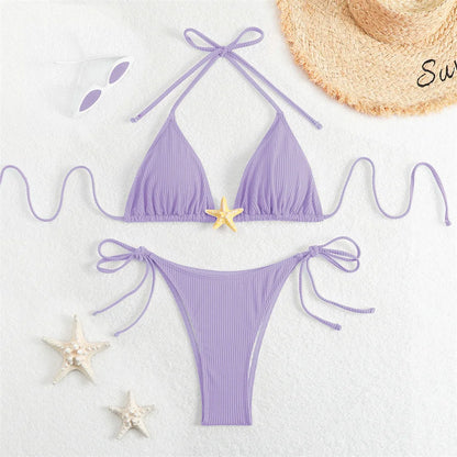 Women Swimsuits Separate Halter Bikinis Set With Chest Pad Solid Color With Starfish Beachwear Summer Vacation Two-Piece Sets