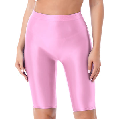 Women Glossy Shorts High Waist Fitness Short Leggings Oil Shiny Knee-Length Tights Swimming Trunks Female Workout Sports Bottoms