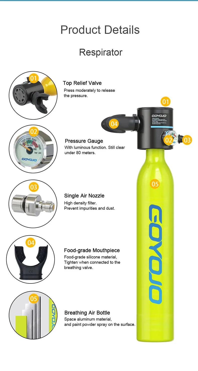 Mini Scuba Tank Diving Equipment Underwater Diving Cylinder Inflator 0.5L Outdoor Oxygen Tank 5-10 Minutes Spearfishing