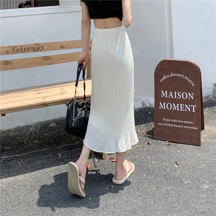 Summer New Fashion Solid Spring Wrapped Hip Fishtail Skirt Women Patchwork Elastic Waist Elegant Gentle Mid Length A-line Skirts