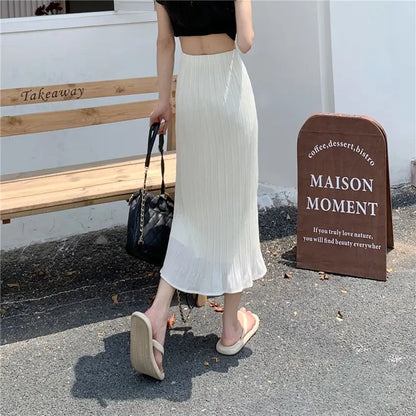 Summer New Fashion Solid Spring Wrapped Hip Fishtail Skirt Women Patchwork Elastic Waist Elegant Gentle Mid Length A-line Skirts