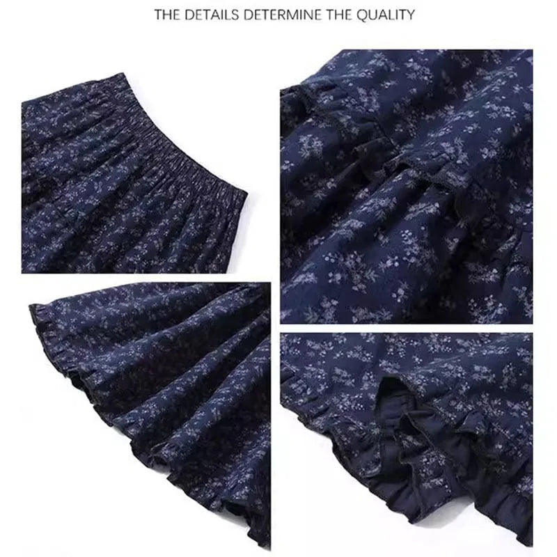 New Elegant Dark Blue Floral Women High-Waisted Retro Blue Floral Skirt Female A-line Skirt Casual Lazy Wind Long Skirt
