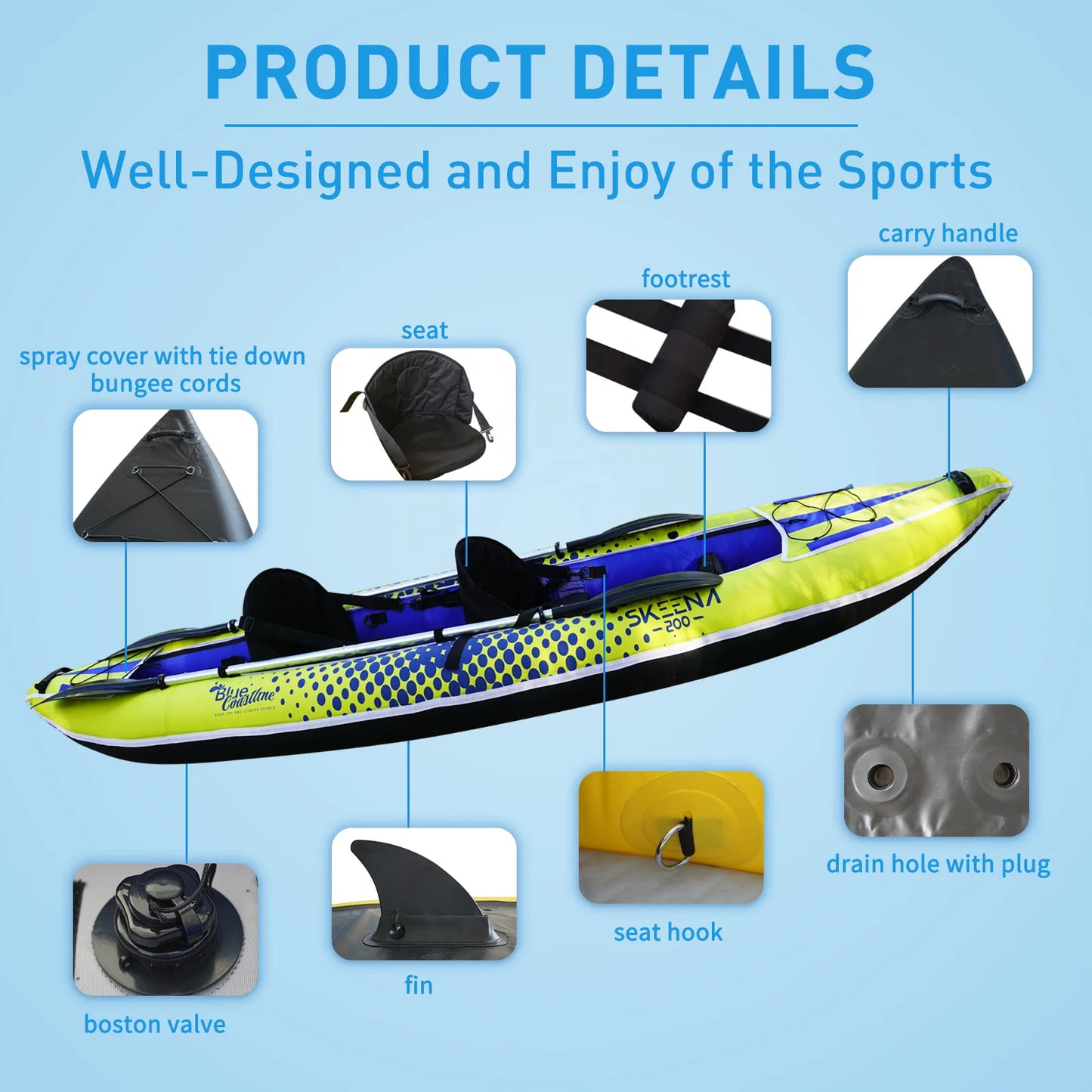 Adult Inflatable Fishing Canoe/Kayak 2 And 3 Person Inflatable Canoe Kayak, Seated Kayak With Paddle