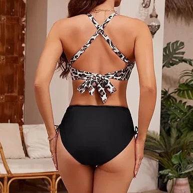 Circyy Backless Swimsuit Women Cheetah Print Fashion Bikini Set High Waisted Drawstring Split Swimsuit Summer 2025 New Beachwear