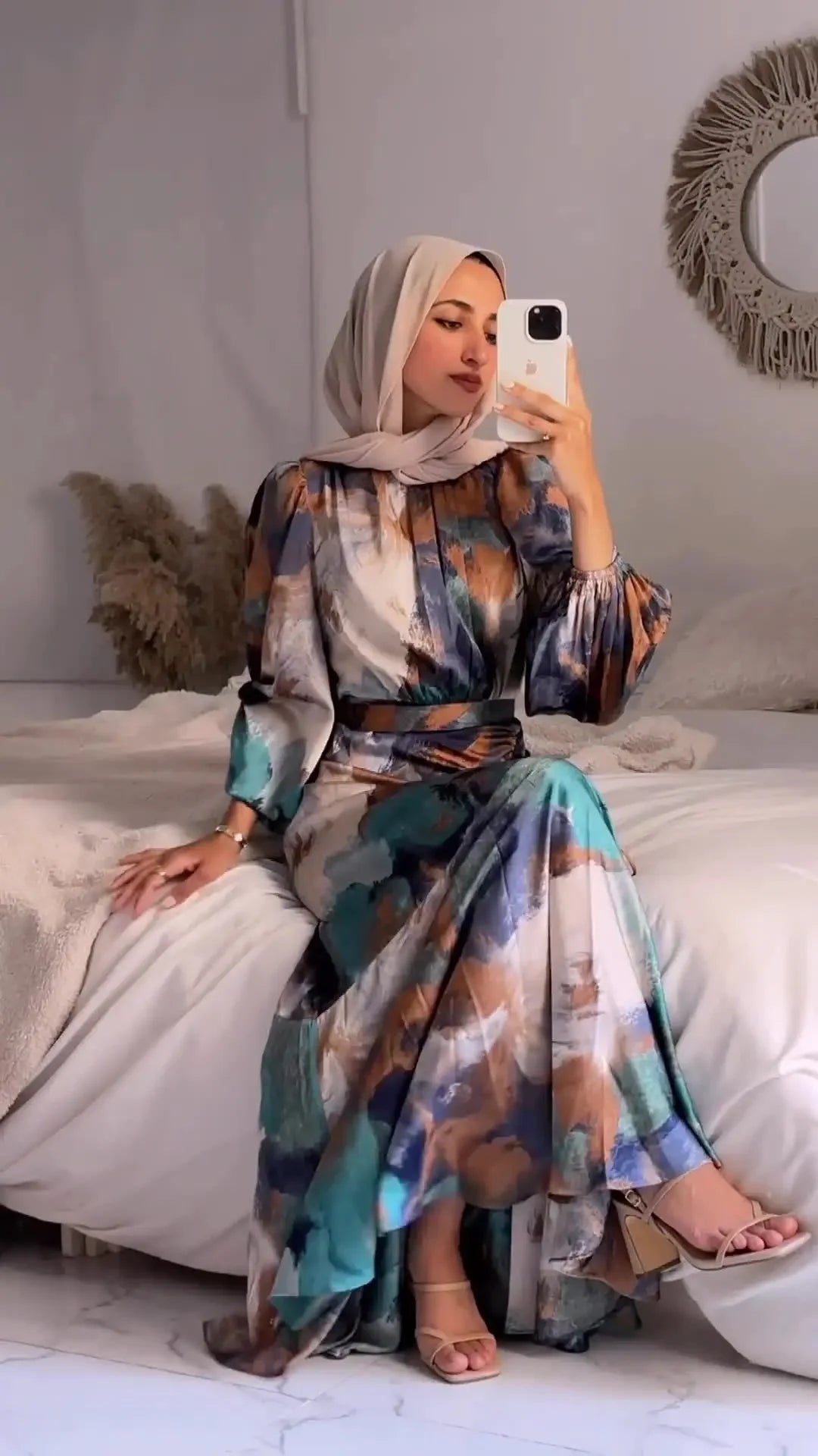 Colorful Printed Pleated Dress Women Half High Collar Long Lantern Sleeves Dresses Female Fashion Drawstring Slim Commuter Robe