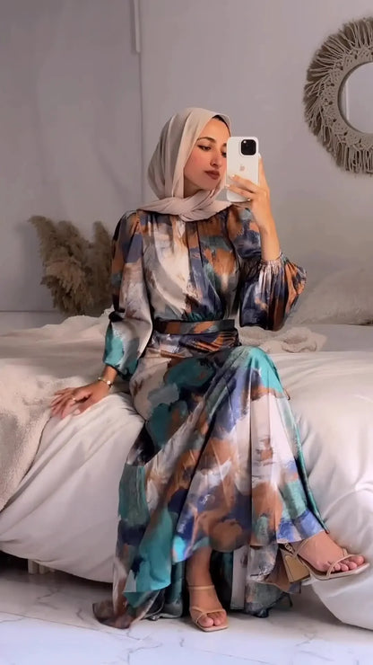 Colorful Printed Pleated Dress Women Half High Collar Long Lantern Sleeves Dresses Female Fashion Drawstring Slim Commuter Robe