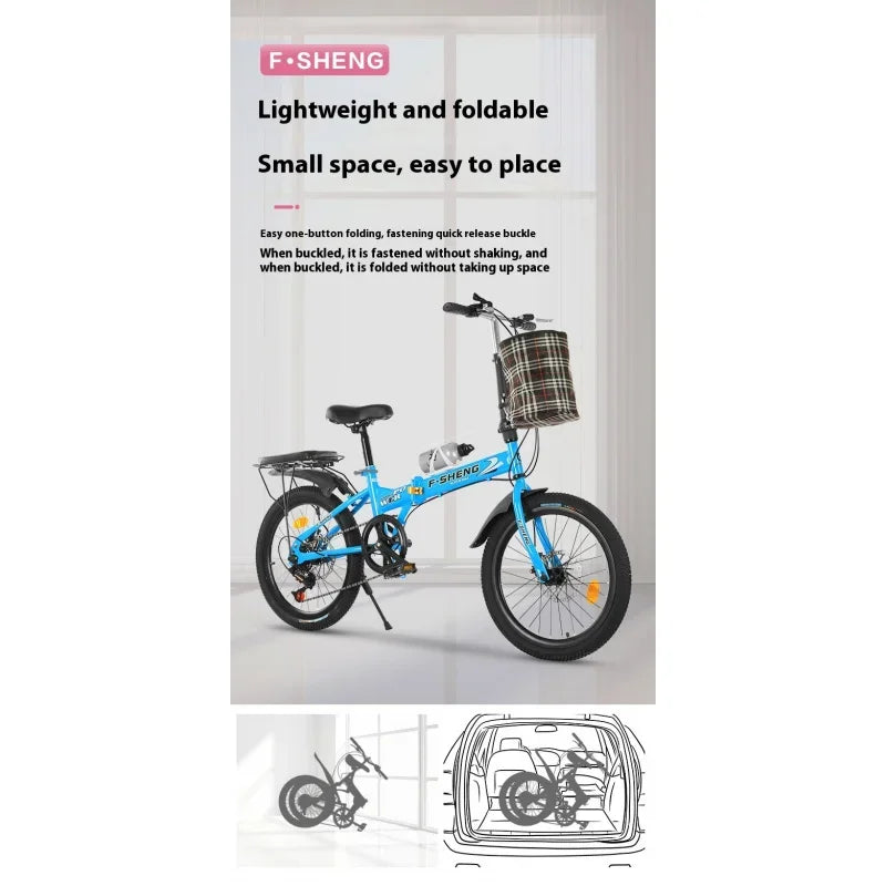 20Inch Folding Bicycle 6-Speed Double Disc Brake Geared Bicycle - Compact Travel-Friendly Bike for Easy Storage And Transport
