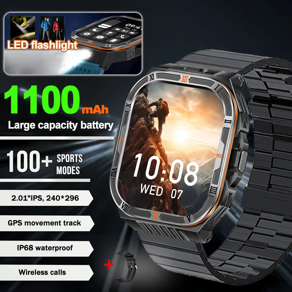 New 1100mAh Big Battery Smart Watch Men Outdoor Compass Bluetooth Call IP68 Waterproof Sports 2.01 Inch Flashlight Smart Watch