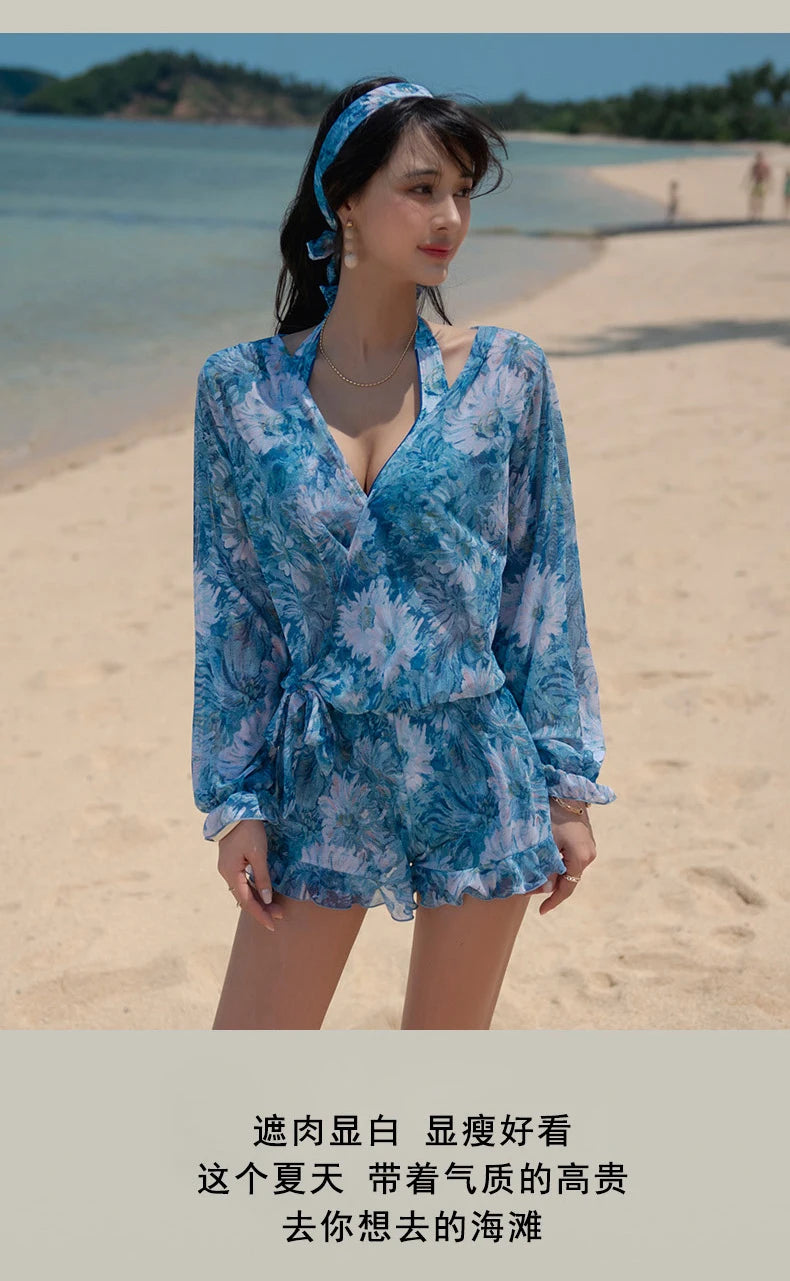 Swimsuit 4 Pieces Bikini Sets Women Swimwear Printed Underwired Mesh Long Sleeve Cover Up High Waist Shorts Headband 2023 New