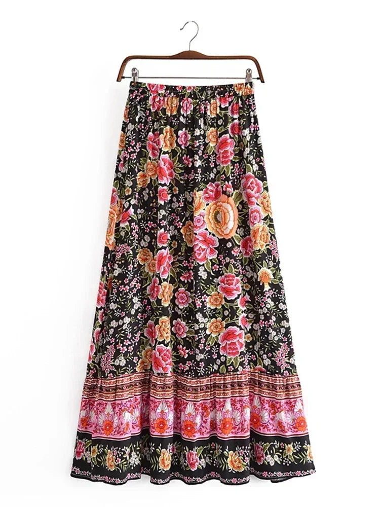 Vintage Summer Fashion Women Floral Print Beach Bohemian Pleated Skirt Beachwear Lady High Waist A-Line Rayon Boho Maxi Skirts