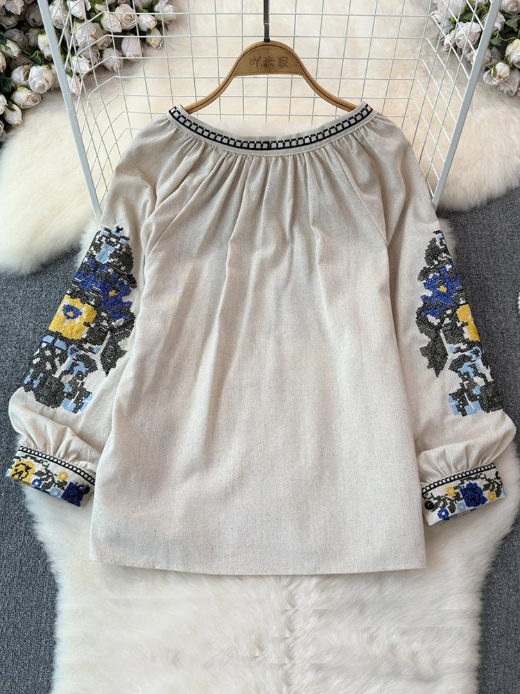 2026 Spring Retro Embroidered Shirt Top Female Lace Up Tassel Loose Lantern Sleeves Ethnic Style Blouse Female A70