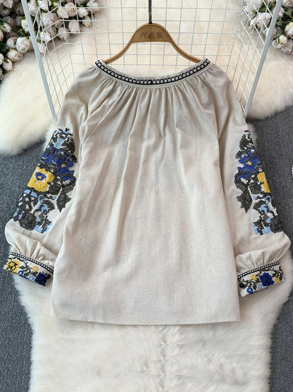 2026 Spring Retro Embroidered Shirt Top Female Lace Up Tassel Loose Lantern Sleeves Ethnic Style Blouse Female A70