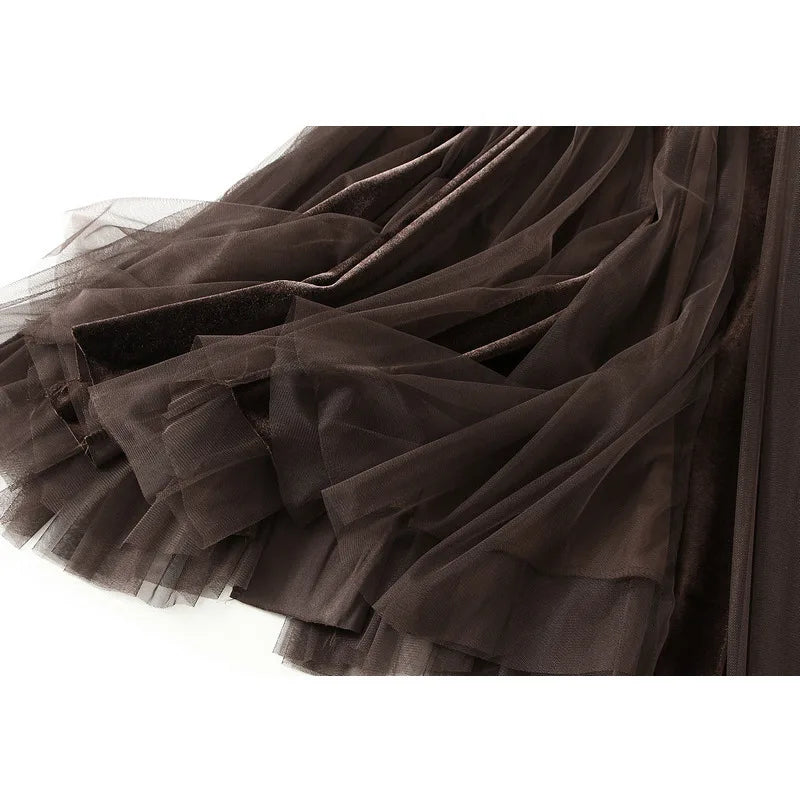 2025 Autumn Winter Velvet Mesh Patchwork Midi Skirts Women Korean Style Casual High Waist Elegant Long Skirts