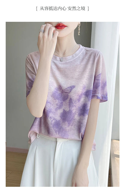 Spring And Summer New Lyocell Short Sleeve Sweater Loose Thin Half Sleeve T-shirt Printed Top