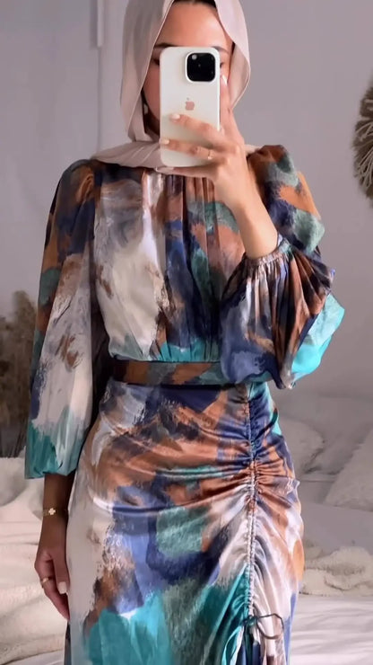 Colorful Printed Pleated Dress Women Half High Collar Long Lantern Sleeves Dresses Female Fashion Drawstring Slim Commuter Robe