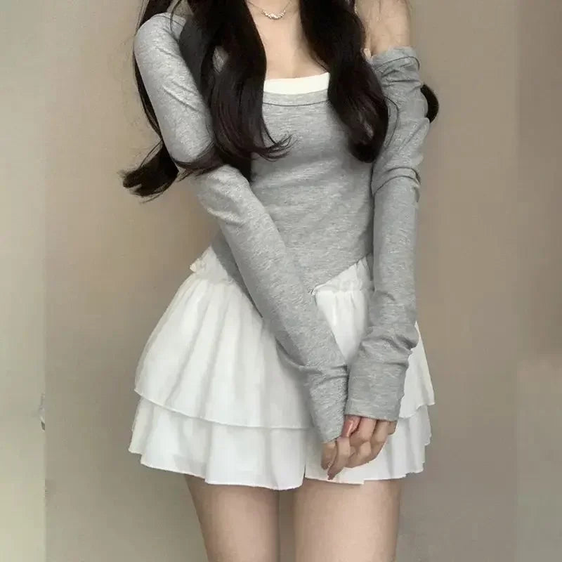 Summer Kawaii Pleated A-Line Skirt for Women White Ruffle Tiered Sweet Style Elastic Waist Summer Slim Korean Harajuku Dress