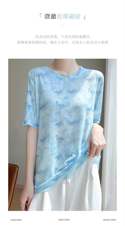 Spring And Summer New Lyocell Short Sleeve Sweater Loose Thin Half Sleeve T-shirt Printed Top