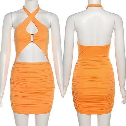 Sexy Waist Hollow Out Cross Shoulder Strap Slim Bodycon Dress Women Backless Sleeveless Skinny Mini Dress Club Party Vestidos