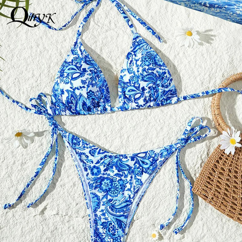Blue White Porcelain Printing Halter String Triangle Two Piece Bikini Women Swimsuit Separate Beach Wear Adjust Lace-up Swimsuit