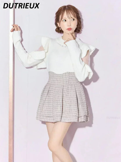 Japanese Lolita Skirts Ruffled Pleated Plaid Skirt Women 2025 Spring New Elastic High Waist Slimming Gentle Mini Skirt Culottes