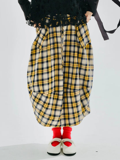 Yellow checkered skirt 2025 imakokoni original autumn Japanese color woven artistic pure cotton lantern skirt for women 255122
