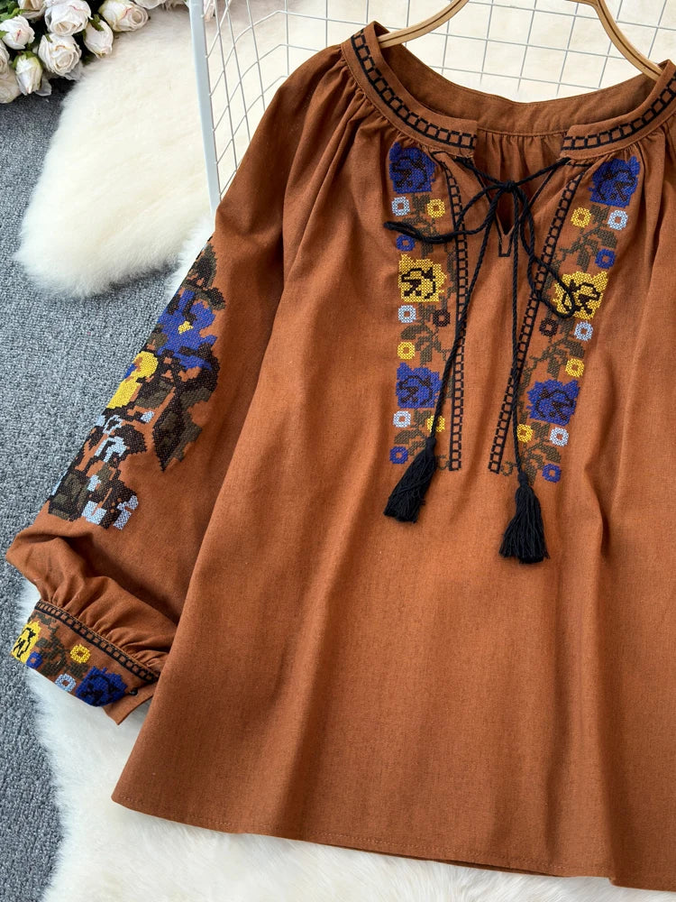 2026 Spring Retro Embroidered Shirt Top Female Lace Up Tassel Loose Lantern Sleeves Ethnic Style Blouse Female A70