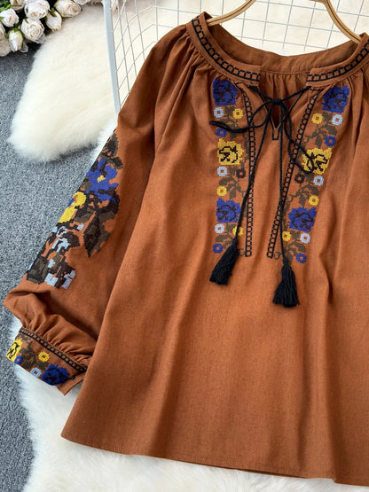 2026 Spring Retro Embroidered Shirt Top Female Lace Up Tassel Loose Lantern Sleeves Ethnic Style Blouse Female A70