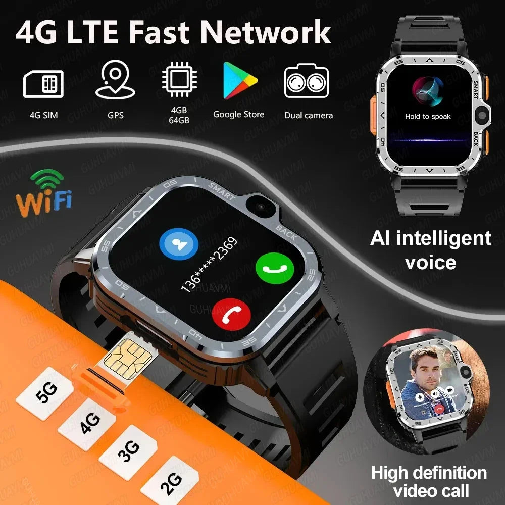 PGD SmartWatch 4G LTE GPS Wifi SIM Card NFC Dual Camera Rugged 64G ROM Storage Heart Rate Sports Smart Watch Men